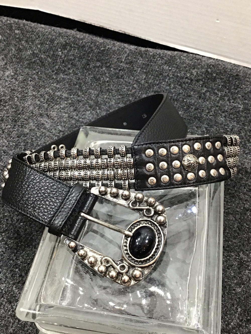 Vintage Sonia Fortuna Italy blk Leather stud belt Rastrelli silver buckle